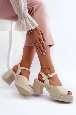 Sandały Na Obcasie>Buty damskie Vinceza Skórzane Sandały Damskie Na Obcasie Vinceza 66627 Beżowe