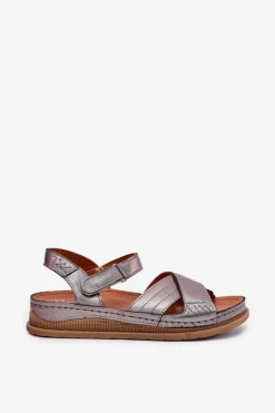 Clearance Skórzane Sandały Damskie Na Platformie L7064-35 Grafitowe Damskie Sandały Płaskie