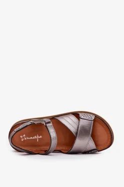 Clearance Skórzane Sandały Damskie Na Platformie L7064-35 Grafitowe Damskie Sandały Płaskie