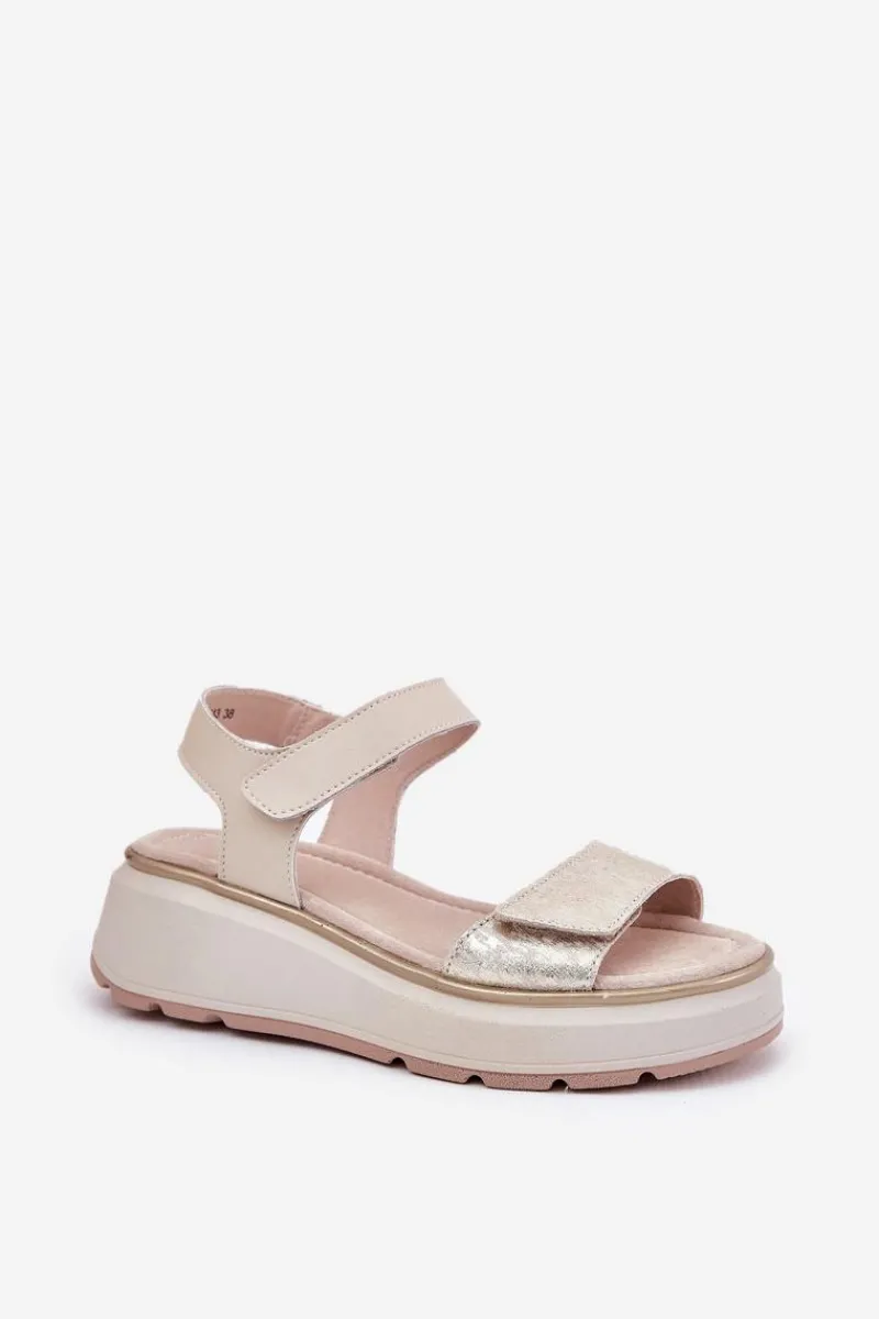 Sandały Na Koturnie>Damskie buty S.Barski Skórzane Sandały Damskie Platformie I Koturnie Na Rzep S.Barski LR51-543 Złote Złoty