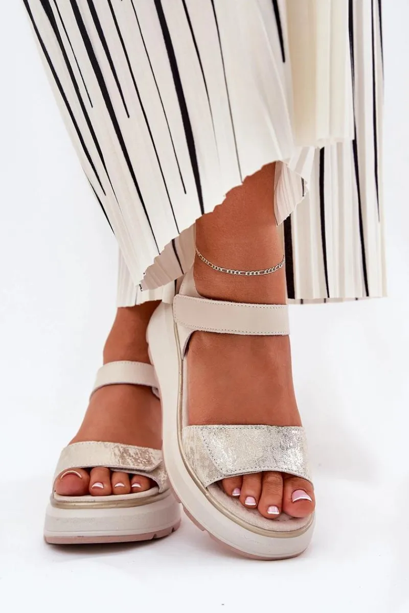 Sandały Na Koturnie>Damskie buty S.Barski Skórzane Sandały Damskie Platformie I Koturnie Na Rzep S.Barski LR51-543 Złote Złoty