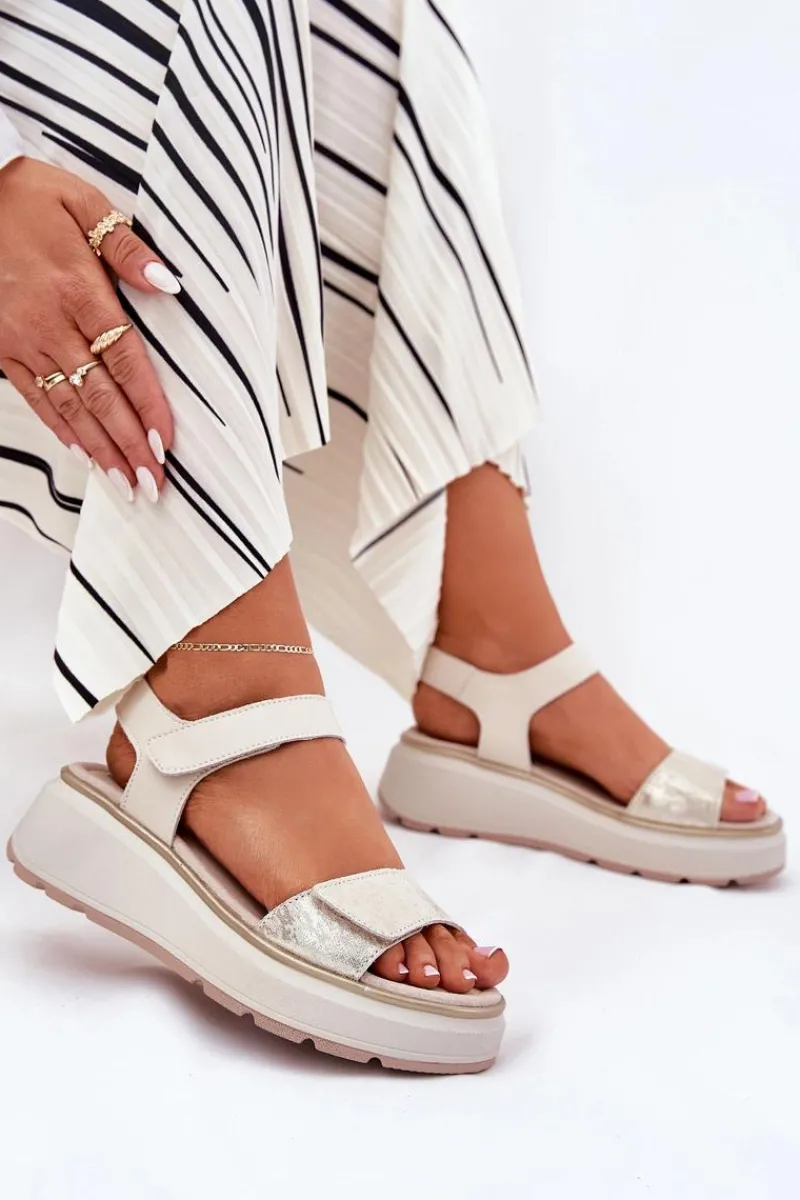 Sandały Na Koturnie>Damskie buty S.Barski Skórzane Sandały Damskie Platformie I Koturnie Na Rzep S.Barski LR51-543 Złote Złoty