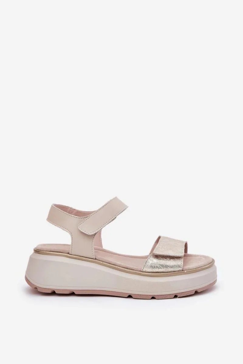 Sandały Na Koturnie>Damskie buty S.Barski Skórzane Sandały Damskie Platformie I Koturnie Na Rzep S.Barski LR51-543 Złote Złoty