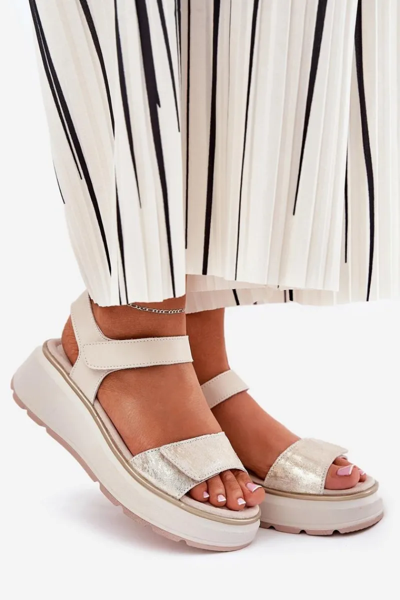 Sandały Na Koturnie>Damskie buty S.Barski Skórzane Sandały Damskie Platformie I Koturnie Na Rzep S.Barski LR51-543 Złote Złoty