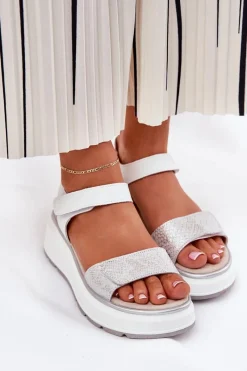 Clearance Damskie buty S.Barski Skórzane Sandały Damskie Platformie I Koturnie Na Rzep S.Barski LR51-543 Srebrne Srebrny