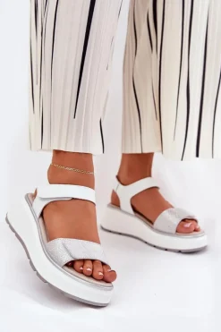 Clearance Damskie buty S.Barski Skórzane Sandały Damskie Platformie I Koturnie Na Rzep S.Barski LR51-543 Srebrne Srebrny