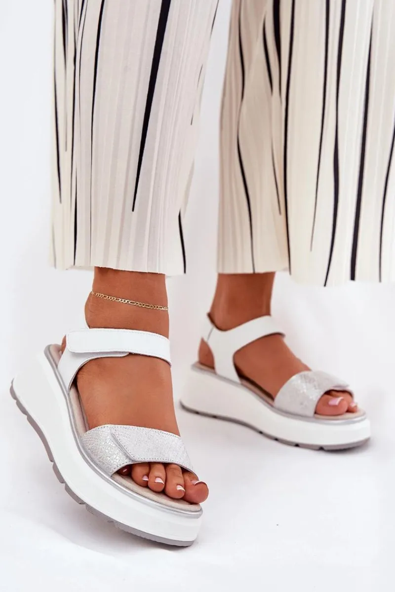 Clearance Damskie buty S.Barski Skórzane Sandały Damskie Platformie I Koturnie Na Rzep S.Barski LR51-543 Srebrne Srebrny