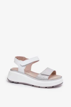 Clearance Damskie buty S.Barski Skórzane Sandały Damskie Platformie I Koturnie Na Rzep S.Barski LR51-543 Srebrne Srebrny