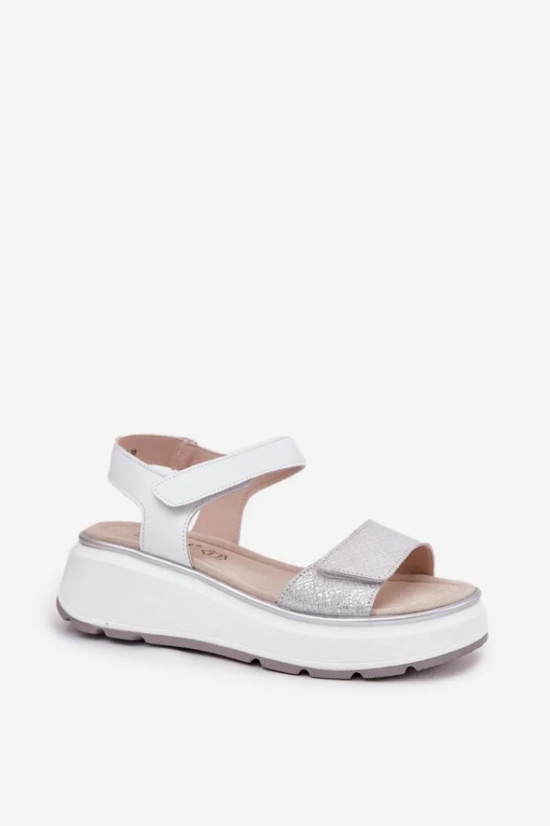 Clearance Damskie buty S.Barski Skórzane Sandały Damskie Platformie I Koturnie Na Rzep S.Barski LR51-543 Srebrne Srebrny