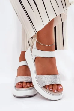 Clearance Damskie buty S.Barski Skórzane Sandały Damskie Platformie I Koturnie Na Rzep S.Barski LR51-543 Srebrne Srebrny