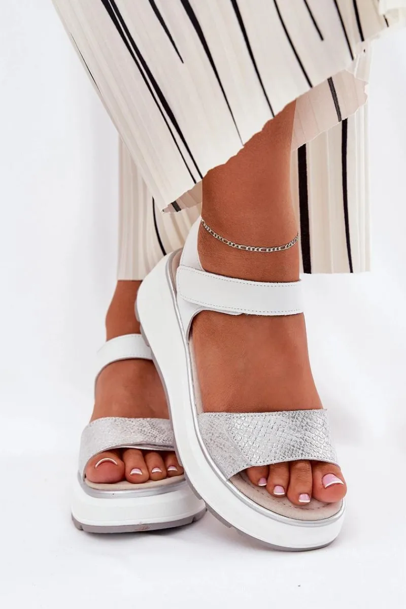 Clearance Damskie buty S.Barski Skórzane Sandały Damskie Platformie I Koturnie Na Rzep S.Barski LR51-543 Srebrne Srebrny