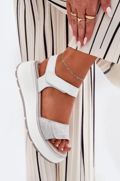 Clearance Damskie buty S.Barski Skórzane Sandały Damskie Platformie I Koturnie Na Rzep S.Barski LR51-543 Srebrne Srebrny