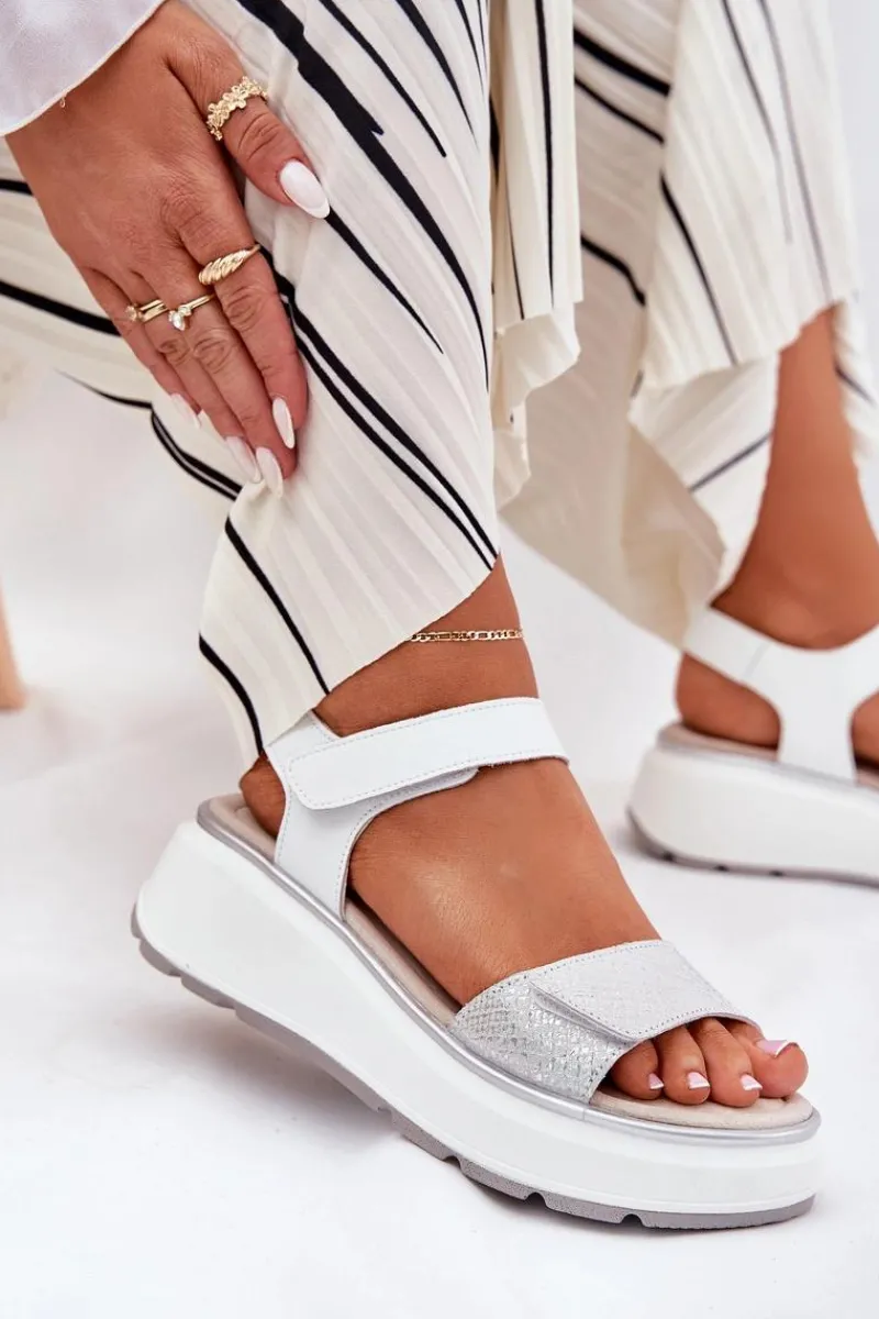 Clearance Damskie buty S.Barski Skórzane Sandały Damskie Platformie I Koturnie Na Rzep S.Barski LR51-543 Srebrne Srebrny