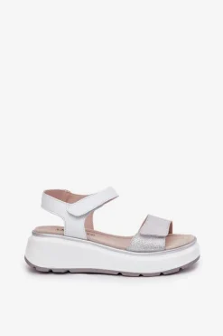 Clearance Damskie buty S.Barski Skórzane Sandały Damskie Platformie I Koturnie Na Rzep S.Barski LR51-543 Srebrne Srebrny