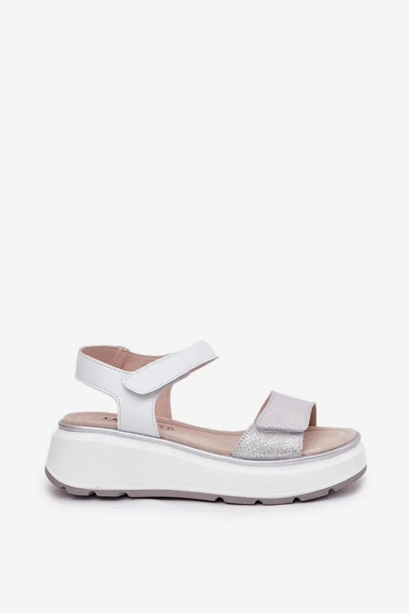 Clearance Damskie buty S.Barski Skórzane Sandały Damskie Platformie I Koturnie Na Rzep S.Barski LR51-543 Srebrne Srebrny