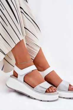 Clearance Damskie buty S.Barski Skórzane Sandały Damskie Platformie I Koturnie Na Rzep S.Barski LR51-543 Srebrne Srebrny