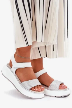 Clearance Damskie buty S.Barski Skórzane Sandały Damskie Platformie I Koturnie Na Rzep S.Barski LR51-543 Srebrne Srebrny