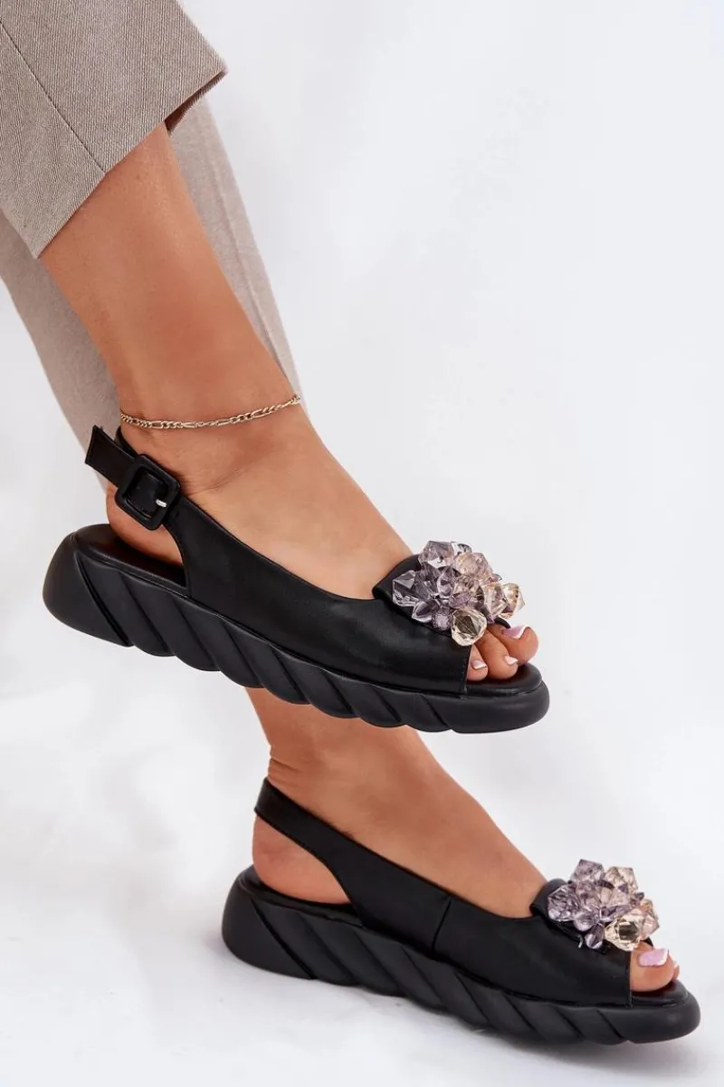 Online Skórzane Sandały Damskie Z Kryształkami 54C1628 Czarne Damskie Sandały Płaskie