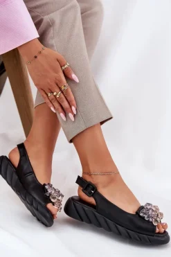 Online Skórzane Sandały Damskie Z Kryształkami 54C1628 Czarne Damskie Sandały Płaskie