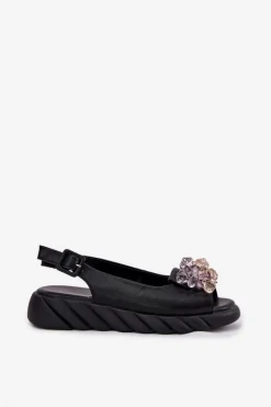 Online Skórzane Sandały Damskie Z Kryształkami 54C1628 Czarne Damskie Sandały Płaskie