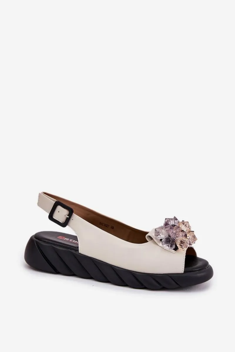 Online Artiker Skórzane Sandały Damskie Z Kryształkami 54C1627 Beżowe Beżowy