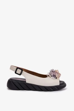 Online Artiker Skórzane Sandały Damskie Z Kryształkami 54C1627 Beżowe Beżowy