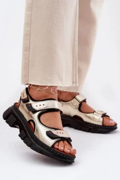 Outlet Skórzane Sandały Damskie Z Rzepami 56C0469 Złote Damskie Sandały Płaskie