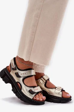 Outlet Skórzane Sandały Damskie Z Rzepami 56C0469 Złote Damskie Sandały Płaskie