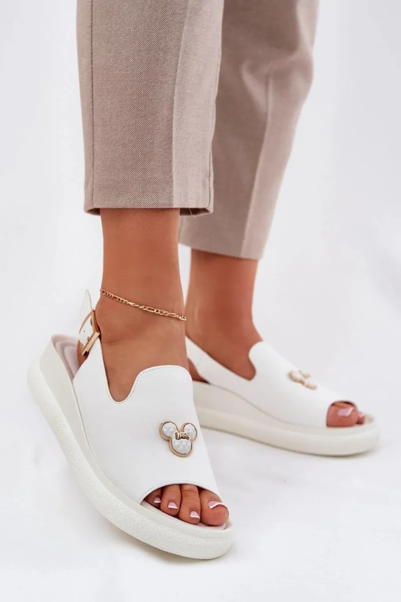 Sale Skórzane Sandały Damskie Z Ozdobą Vinceza 66757 Białe Damskie Sandały Na Koturnie