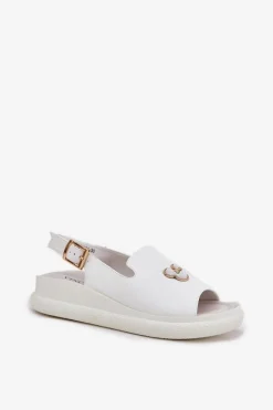 Sale Skórzane Sandały Damskie Z Ozdobą Vinceza 66757 Białe Damskie Sandały Na Koturnie
