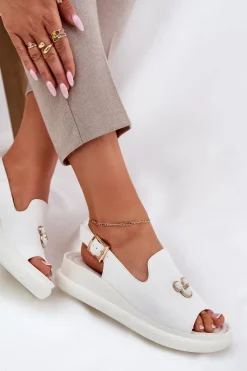 Sale Skórzane Sandały Damskie Z Ozdobą Vinceza 66757 Białe Damskie Sandały Na Koturnie