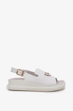 Sale Skórzane Sandały Damskie Z Ozdobą Vinceza 66757 Białe Damskie Sandały Na Koturnie