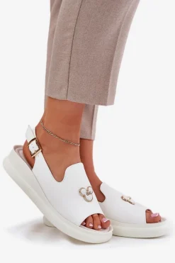 Sale Skórzane Sandały Damskie Z Ozdobą Vinceza 66757 Białe Damskie Sandały Na Koturnie