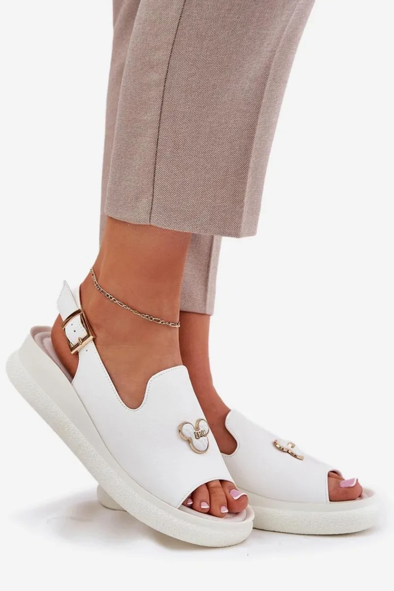 Sale Skórzane Sandały Damskie Z Ozdobą Vinceza 66757 Białe Damskie Sandały Na Koturnie