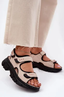 Sandały Płaskie>Artiker Skórzane Sandały Damskie Z Rzepami 56C0471 Beżowe Beżowy