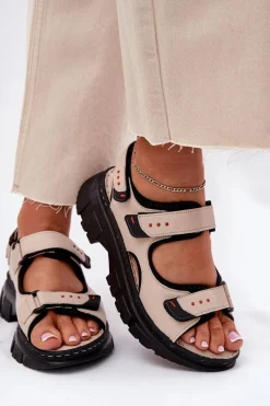 Sandały Płaskie>Artiker Skórzane Sandały Damskie Z Rzepami 56C0471 Beżowe Beżowy