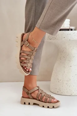 Best Boto Skórzane Sandały Damskie Zazoo 3695 Beżowe Beżowy