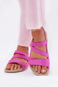 Sale Skórzane Sandały Damskie K1004 Fuksja Damskie Sandały Płaskie