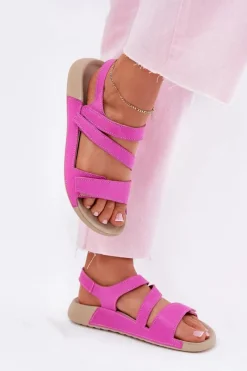 Sale Skórzane Sandały Damskie K1004 Fuksja Damskie Sandały Płaskie