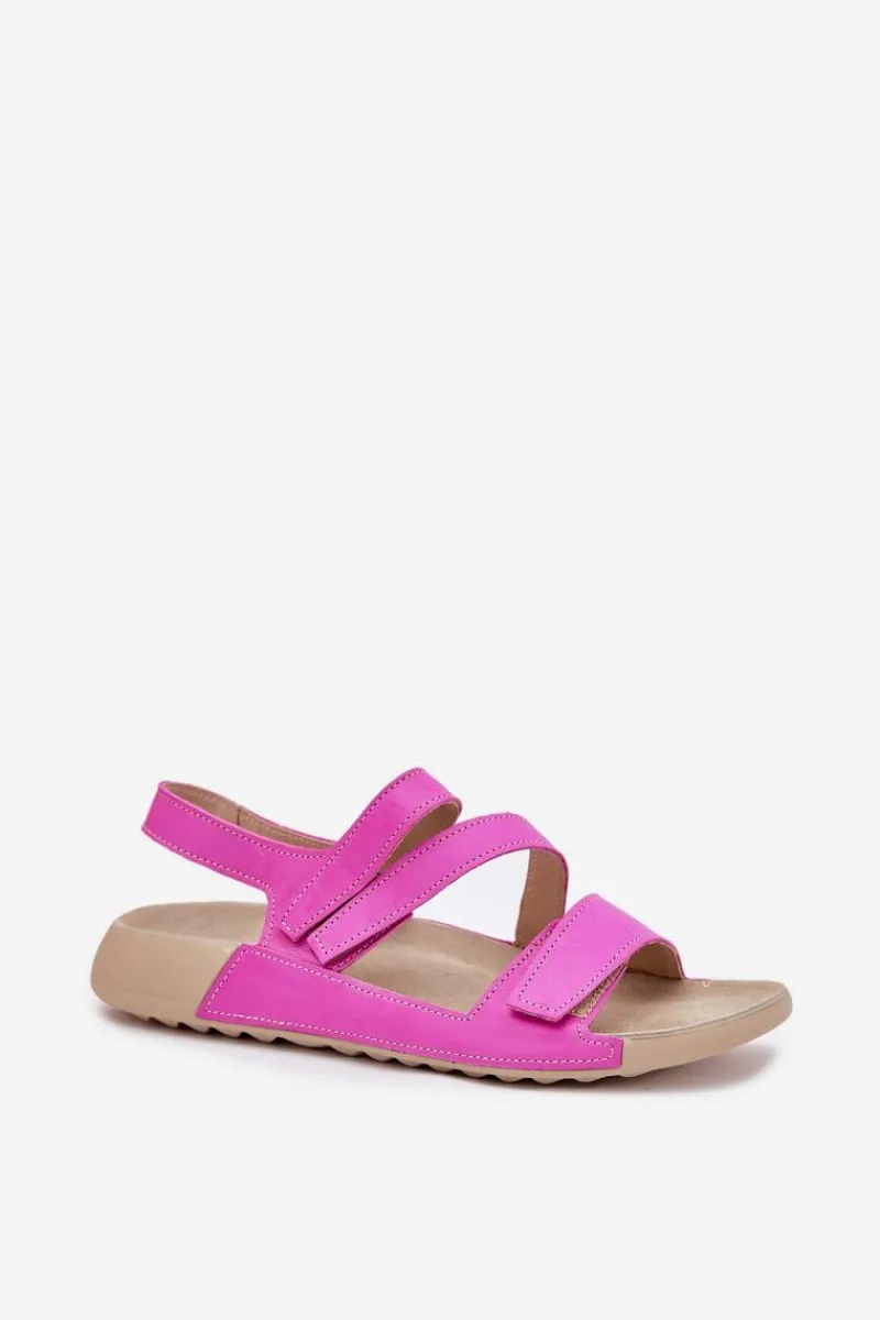 Sale Skórzane Sandały Damskie K1004 Fuksja Damskie Sandały Płaskie