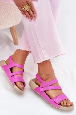 Sale Skórzane Sandały Damskie K1004 Fuksja Damskie Sandały Płaskie