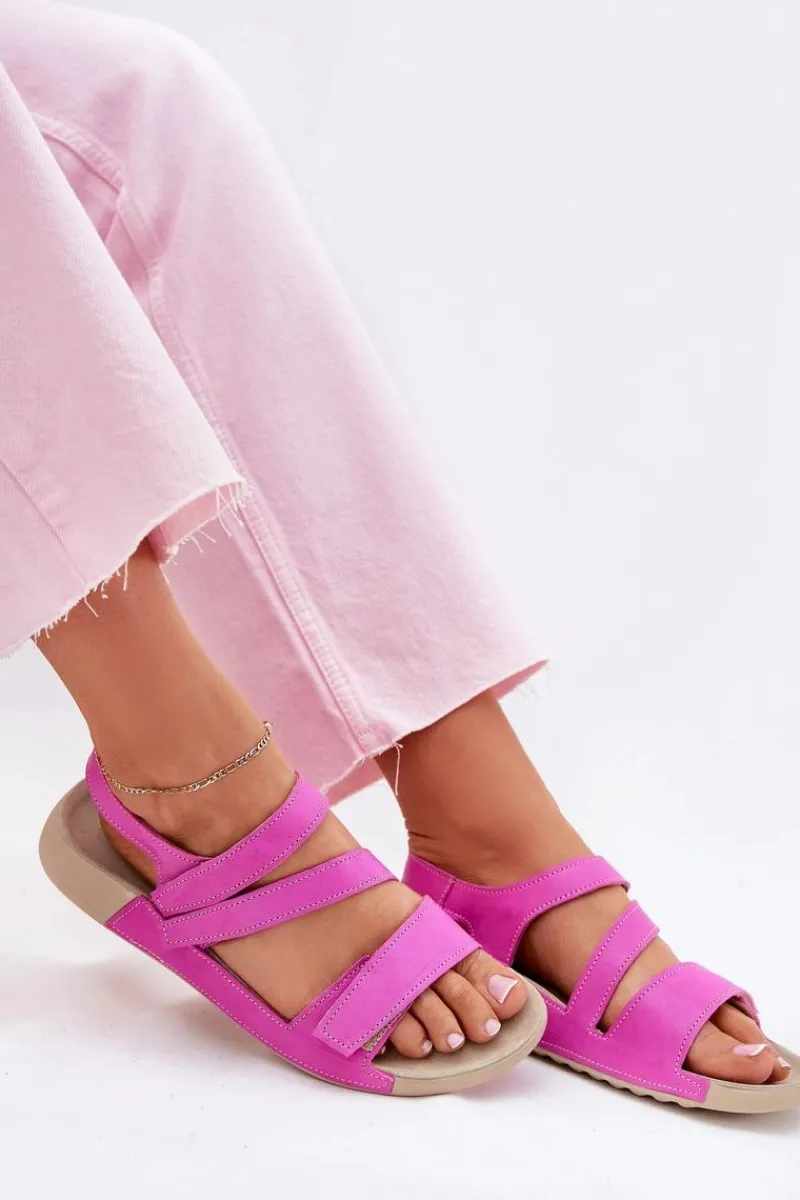 Sale Skórzane Sandały Damskie K1004 Fuksja Damskie Sandały Płaskie