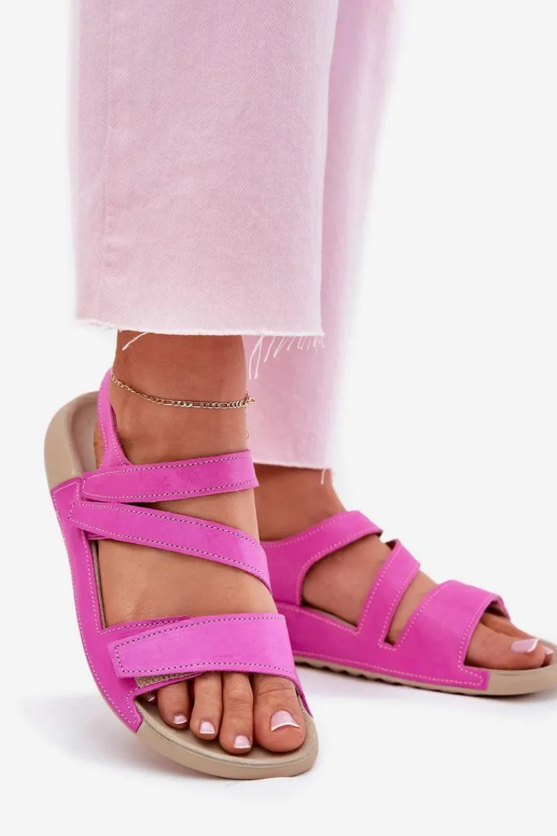 Sale Skórzane Sandały Damskie K1004 Fuksja Damskie Sandały Płaskie