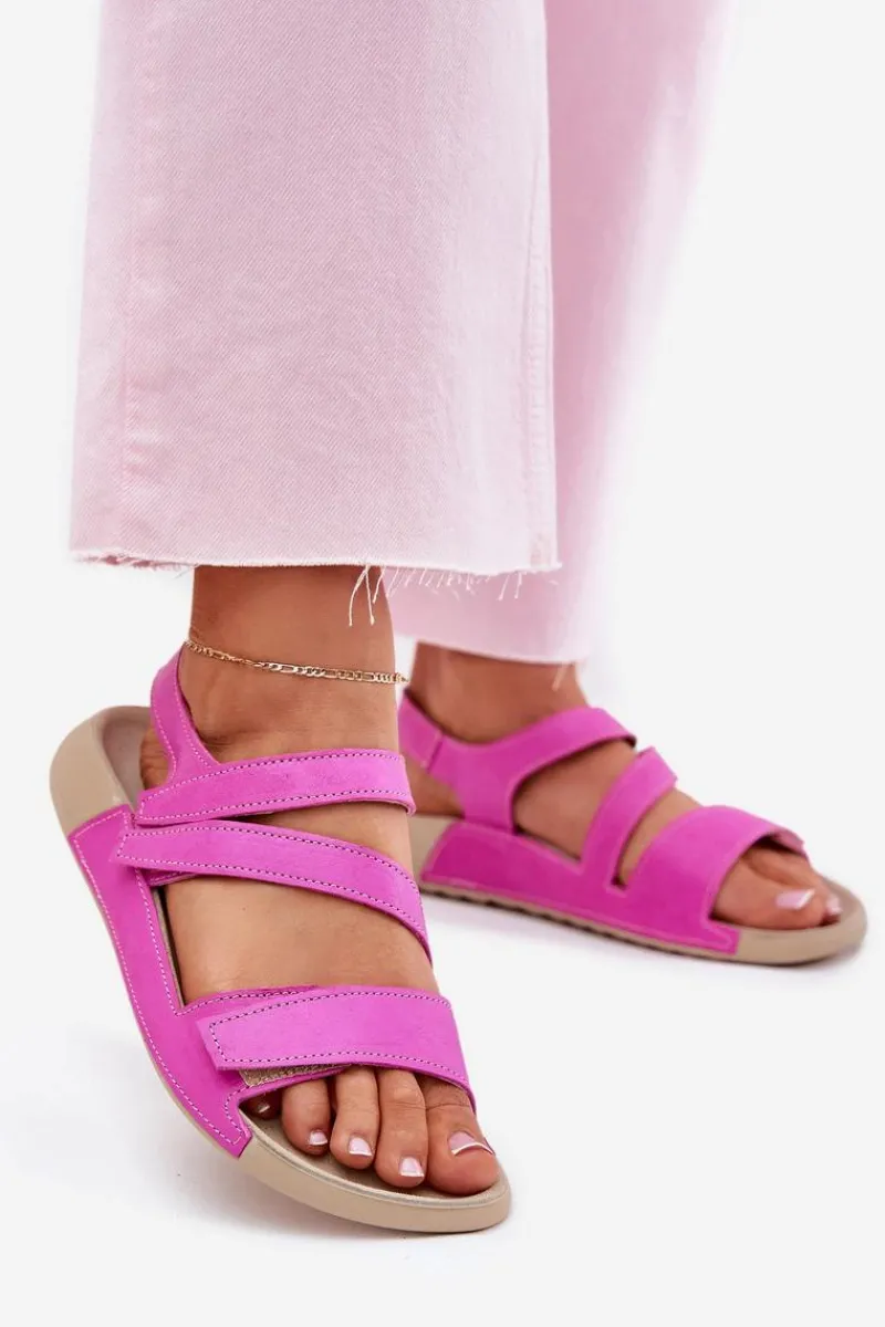 Sale Skórzane Sandały Damskie K1004 Fuksja Damskie Sandały Płaskie