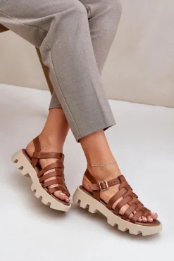 Outlet Skórzane Sandały Damskie Zazoo 3695 Camel Damskie Sandały Płaskie