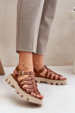 Outlet Skórzane Sandały Damskie Zazoo 3695 Camel Damskie Sandały Płaskie