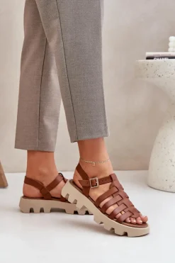 Outlet Skórzane Sandały Damskie Zazoo 3695 Camel Damskie Sandały Płaskie