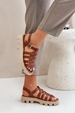 Outlet Skórzane Sandały Damskie Zazoo 3695 Camel Damskie Sandały Płaskie