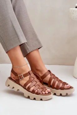 Outlet Skórzane Sandały Damskie Zazoo 3695 Camel Damskie Sandały Płaskie