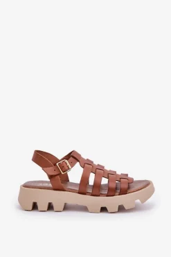 Outlet Skórzane Sandały Damskie Zazoo 3695 Camel Damskie Sandały Płaskie